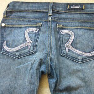ROCK & REPUBLIC Roth medium wash flare jeans w/ purple pink sparkly rhinestones
